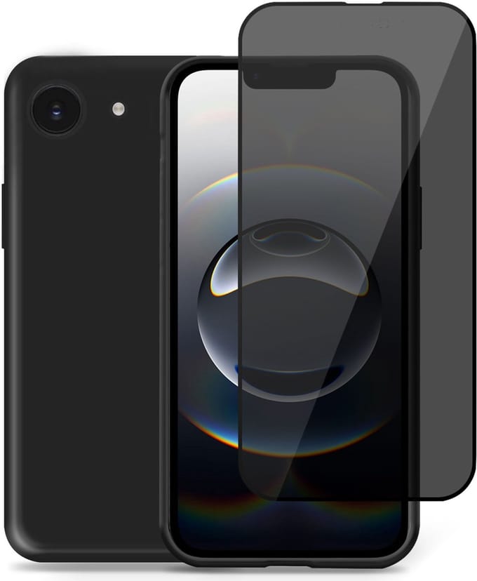 Technow Liquid Hoesje & Privé Screenprotector geschikt voor iPhone 16e – Privacy Tempered Glass - Back Case Cover - Zwart