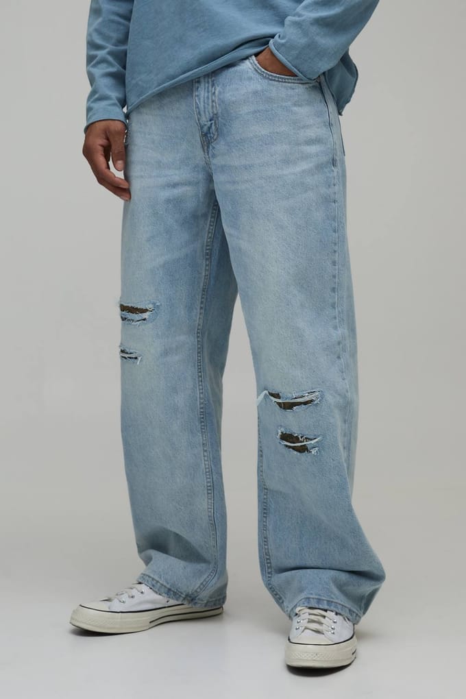 Leopard Rip & Repair Stonewash Relaxed Fit Jeans | Size 48