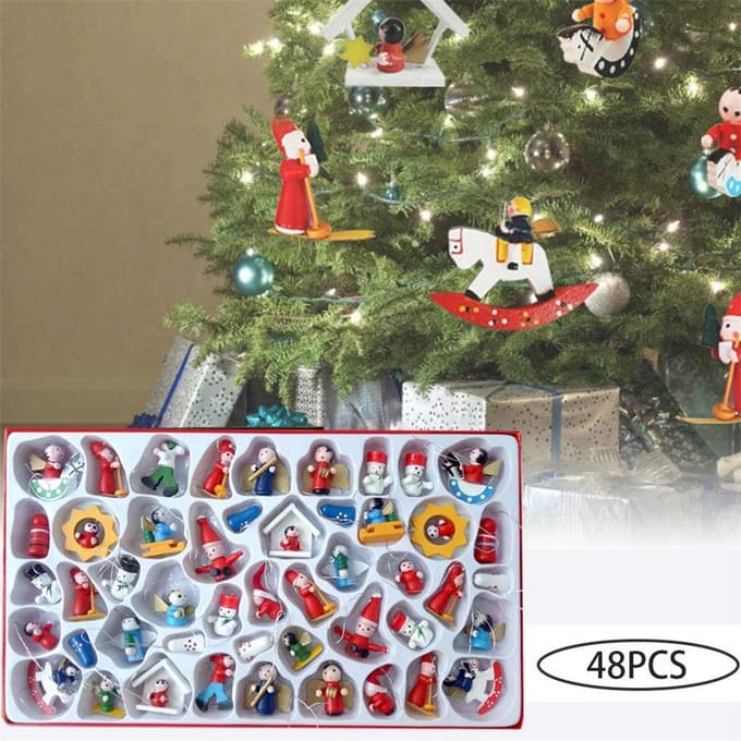 48 stuks Kerstboom Hanger Houten Handgemaakte Kerstboom Figuurtjes Decoraties Set black