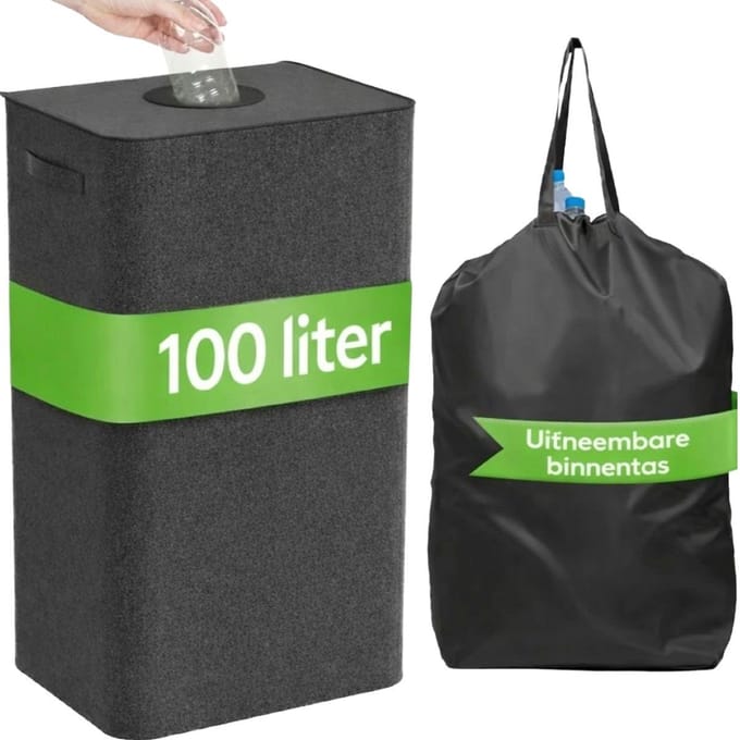 Statiegeld Container – 100L – Met Uitneembare Lege Flessentas – Opvouwbaar – Zwart