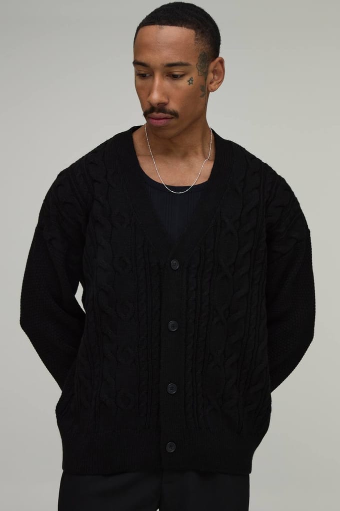 Gebreid Vest Met Kabelpatroon In Relaxed Fit | Black | Size Medium