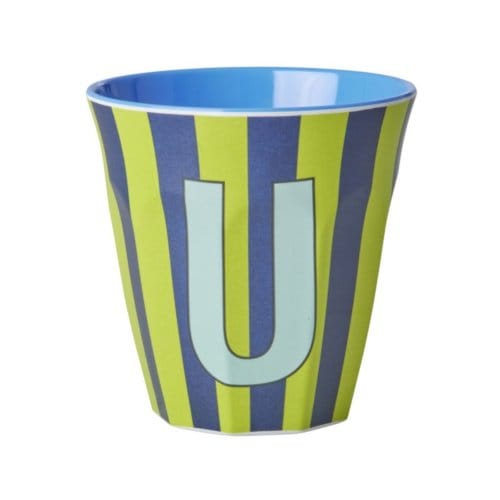 Rice melamine beker medium gestreept letter u, groen