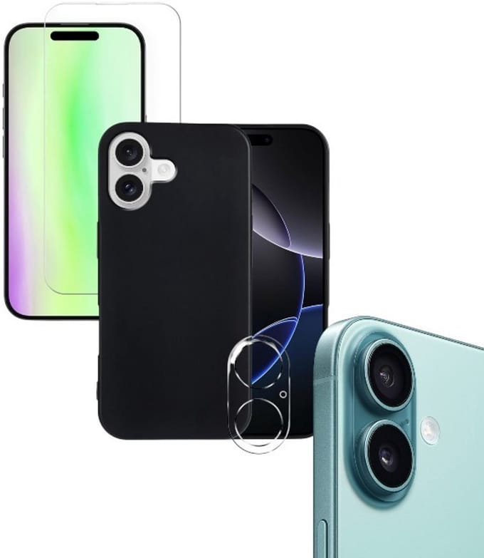 Back cover Silicone hoesje zwart met Screenprotector Glas 1x en Camera lens protector 1x Geschikt voor: iPhone 17