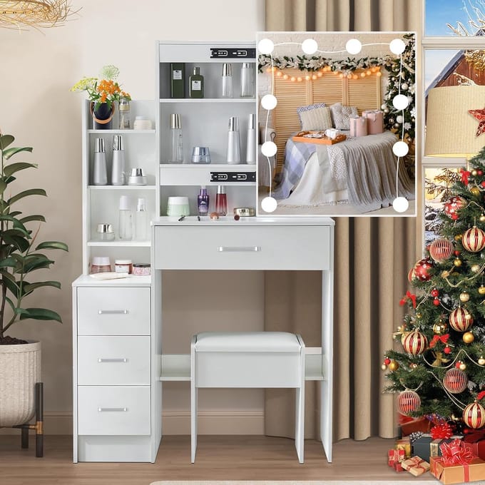 Kaptafel met Spiegel - Make-up Meubel - Slaapkamer Styling - Verstelbare Verlichting - 83 x 36 x 139 cm - Wit