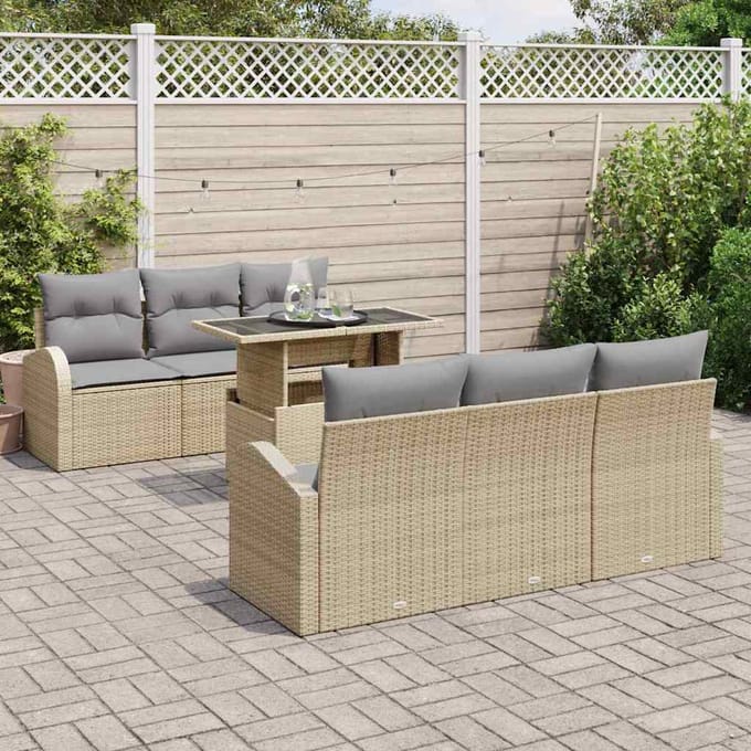 vidaXL Tuinbank Set met kussen met opslag 7 pcs Beige Poly Riet