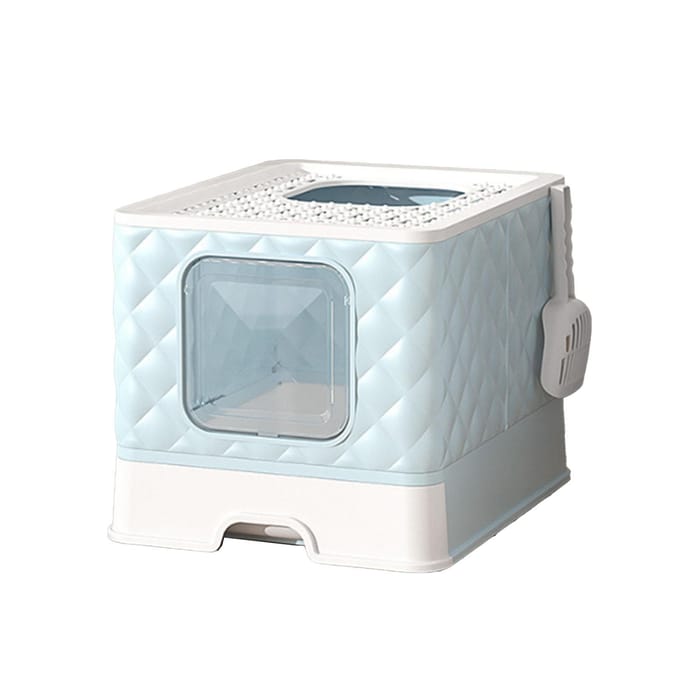 Bac à litière pour chat, amovible, lavable, grand espace, semi-fermé, avec couvercle bleu clair