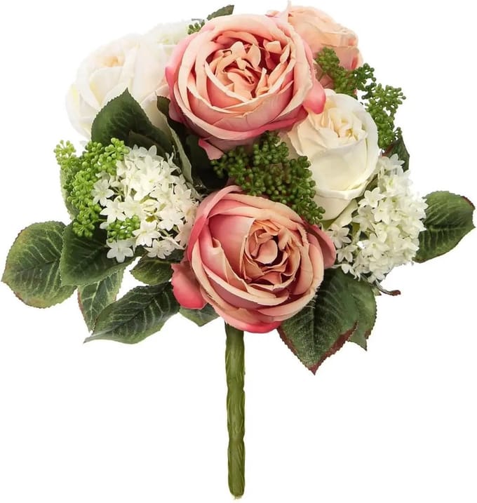 Atmosphera kunstbloemen - boeket - wit/roze - rozen - 35 cm