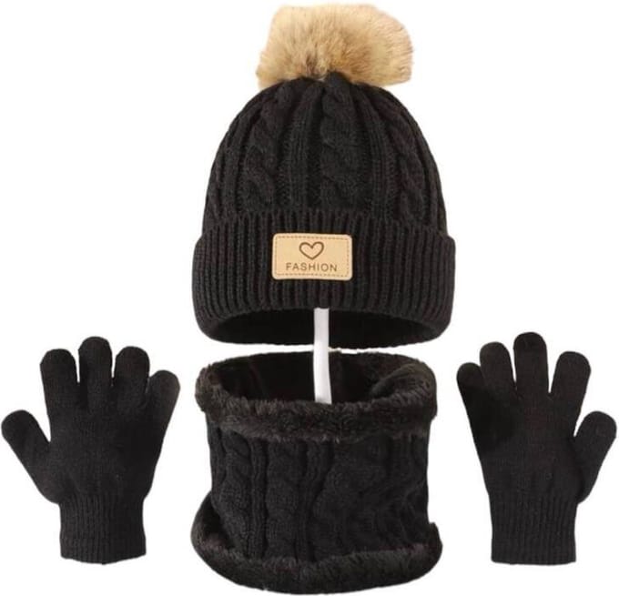 Muts, sjaal en handschoenen - zwart - grote pompon - kind - peuter - kleuter