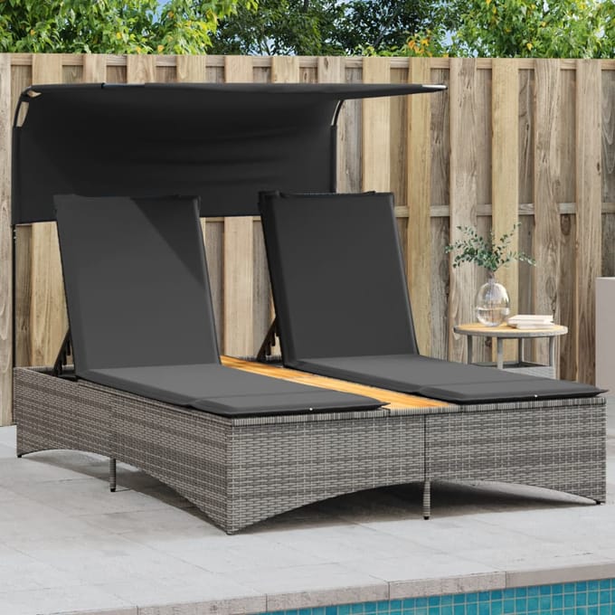 vidaXL - Ligbed - 2-persoons - met - luifel - en - kussens - poly - rattan - grijs