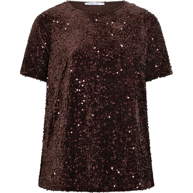 Yours London Chocoladebruin Fluwelen Tshirt Met Pailletten Size 48