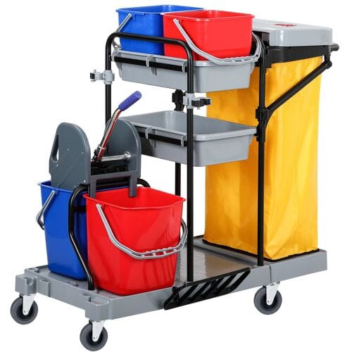 GGM Gastro Reinigungswagen - mit 4 Behältern, Mopwringer & Wäschesack - Grau