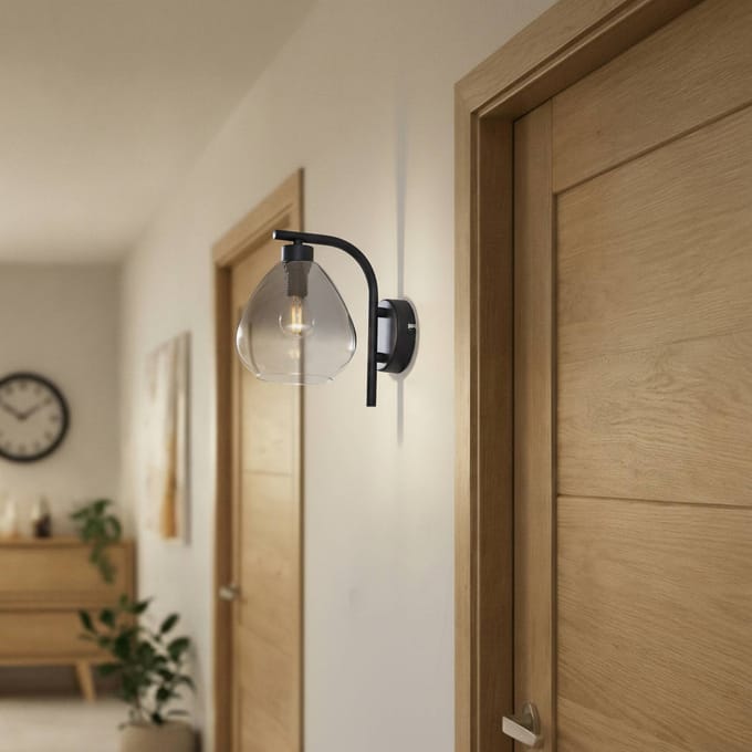 Lindby - wandlamp - 1licht - Glas, ijzer - H: 20 cm - E14 - rookgrijs, mat zwart
