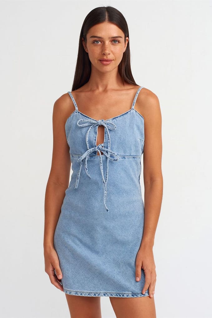 Katoenen Denim Mini A-lijn Jurk met Uitsnijding