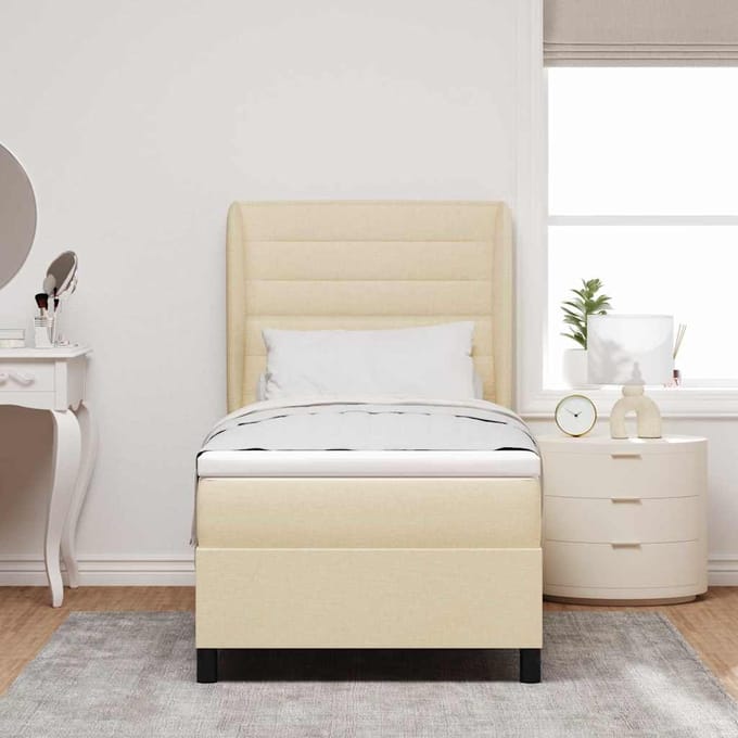 vidaXL - Boxspring - bed - met - matras - met - hoofdeinde - Crème - 90 - x - 190 - cm - Stof