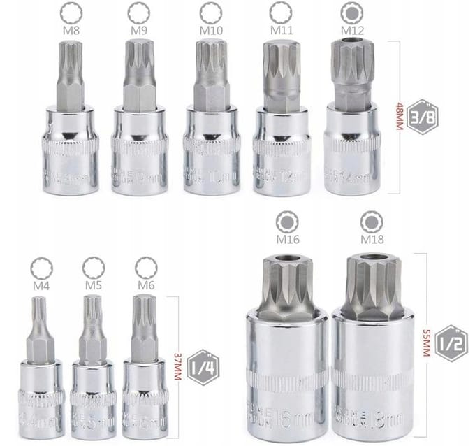 Spline Dop Dop Set M4-M18 1/4" 3/8" 1/2" 10 Delen