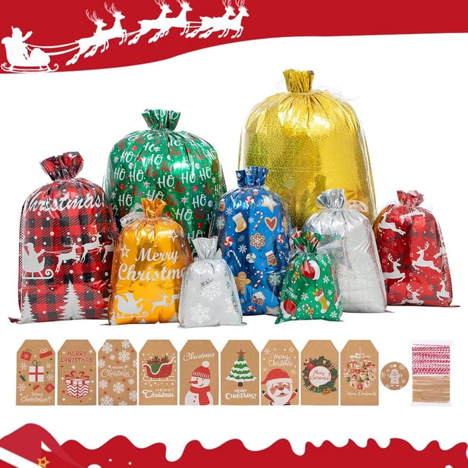 52x Herbruikbare Kerstcadeauzakken met Trekkoord en Cadeaulabels - Diverse Groottes