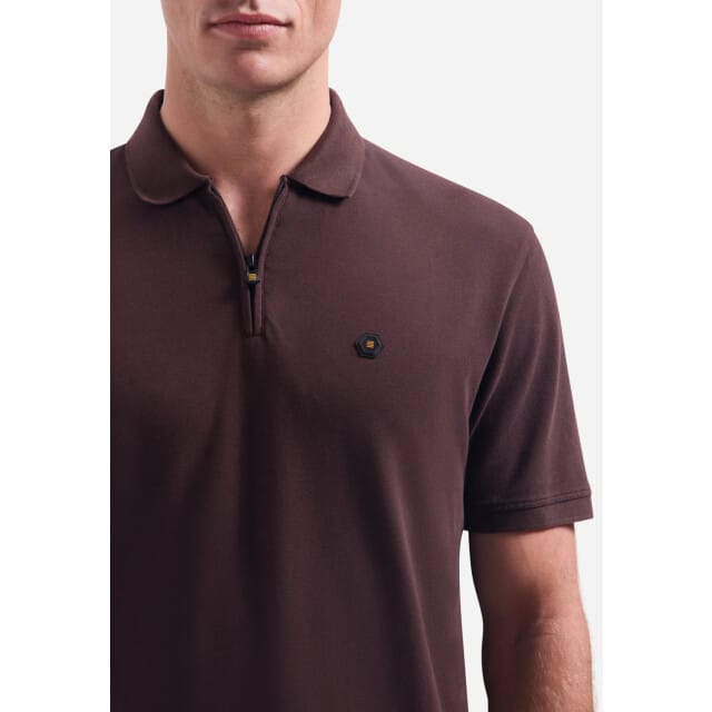 No Excess Polo short sleeve zip garment dyed dark brown