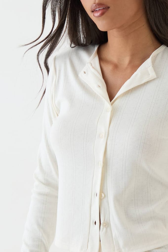 Dames Dsgn Studio Pointelle Top Met Knoopsluiting En Lange Mouwen | Creme | Maat: Medium