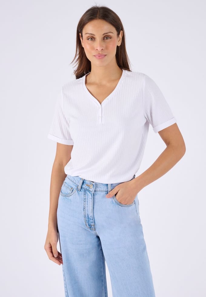 Damart - T-shirt Tunesische kraag knoopsluiting - Dames - Wit - L