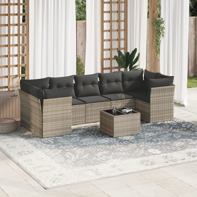 vidaXL - 8-delige - Loungeset - met - kussens - poly - rattan - lichtgrijs