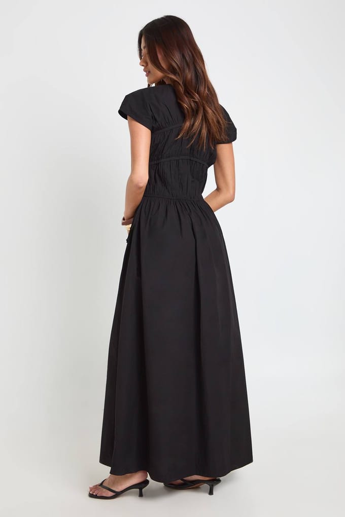boohoo Dames Linnen Pofmouw Gesmockte Maxi Jurk | Zwart | Maat: 36