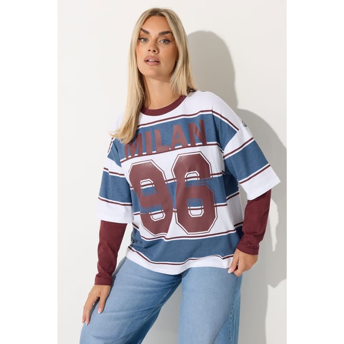 Limited Collection Burgundy Red 'Milan 96' Slogan Stripe 2 In 1 Tshirt Size 48