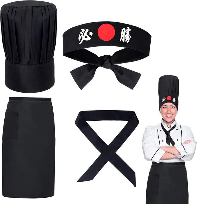 Koksmuts Set - Chef Hoofddeksel - Feest Koken - All-Inclusive Set - 4 Delig - Zwart