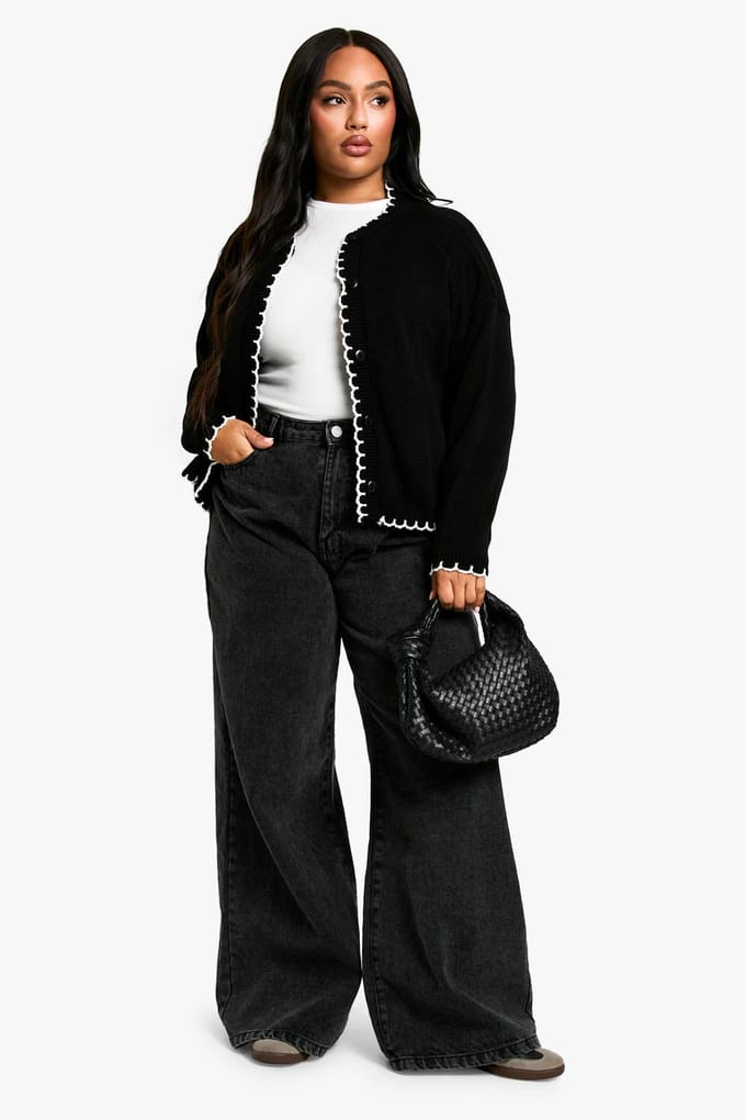 boohoo Dames Plus Blanket Stitch gebreide crop cardigan | Zwart | Maat: 52