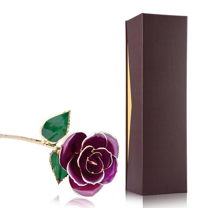 Langstelige Gedipte 24k Gouden Roos in Geschenkdoos met Standaard (Paarse Roos met Standaard) black