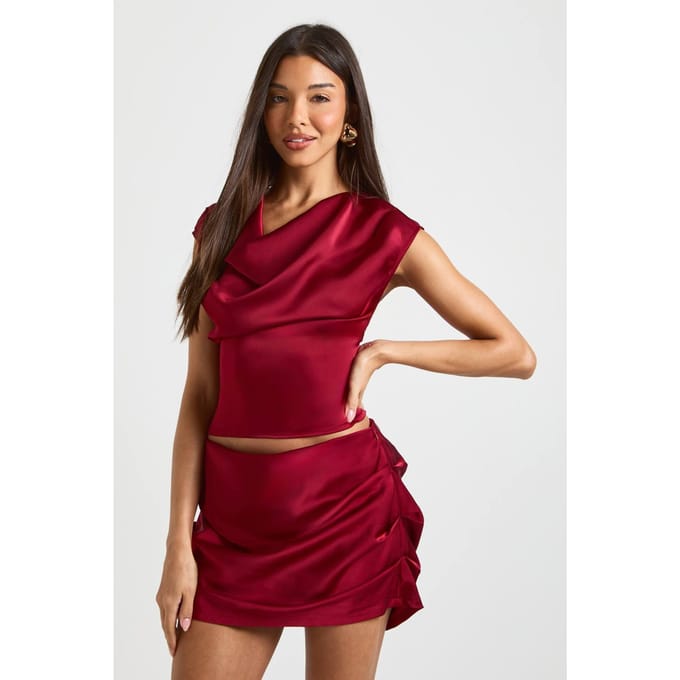 boohoo Dames Satijnen Drape Voorkant Skort | Dark Red | Maat: 6