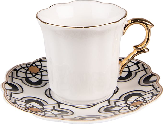Clayre & Eef Kop en Schotel 95 ml Wit Zwart Porselein