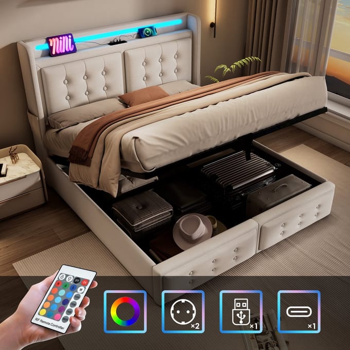Gestoffeerd bed - 160x200 cm - LED-hoofdbord & USB-C - Hydraulisch & 300 kg - Katoen - Beige
