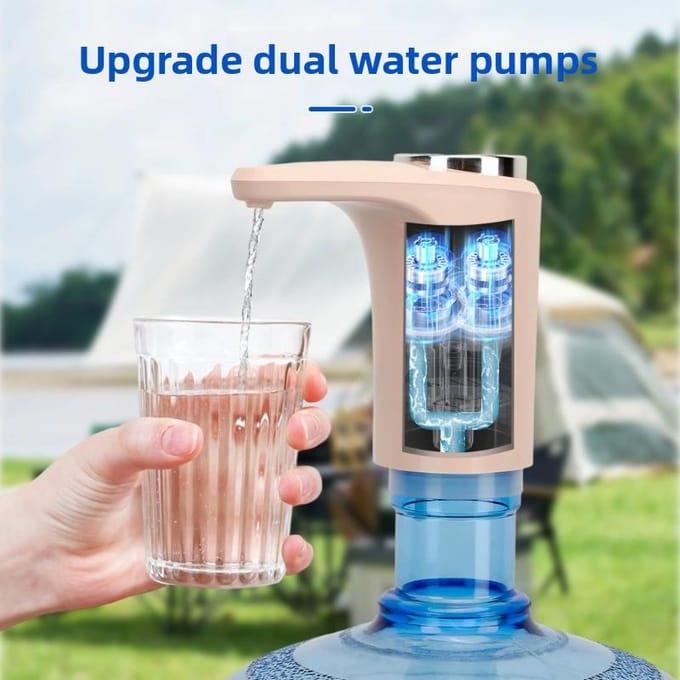 Draagbare oplaadbare automatische waterdispenser met dubbele pomp en slimme uitschakeling beige