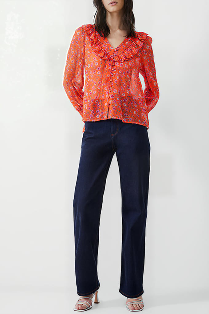 French Connection Camille Frill Shirred Slv Top Mandarin Maat: 8 | Blouses Outlet | Dames | Oranje