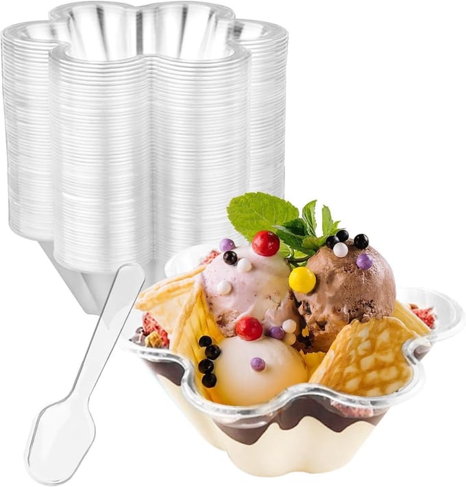 Elzusha - 60 Bloemvormige Dessertcups met Lepels - 240ml Transparant