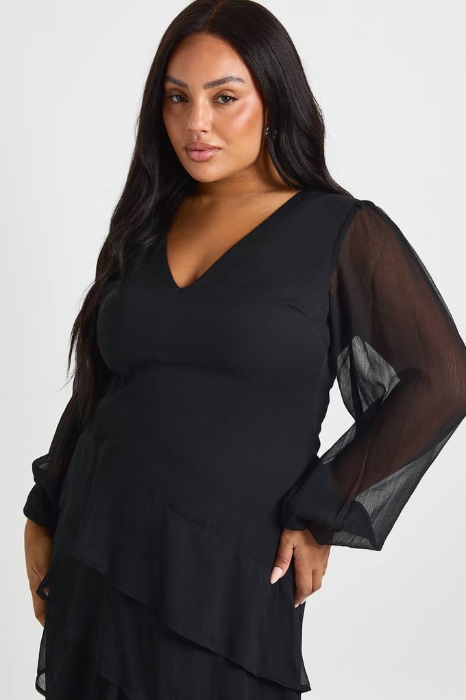 boohoo Dames Plus Chiffon Ruche Maxi-jurk | Black | Maat: 16