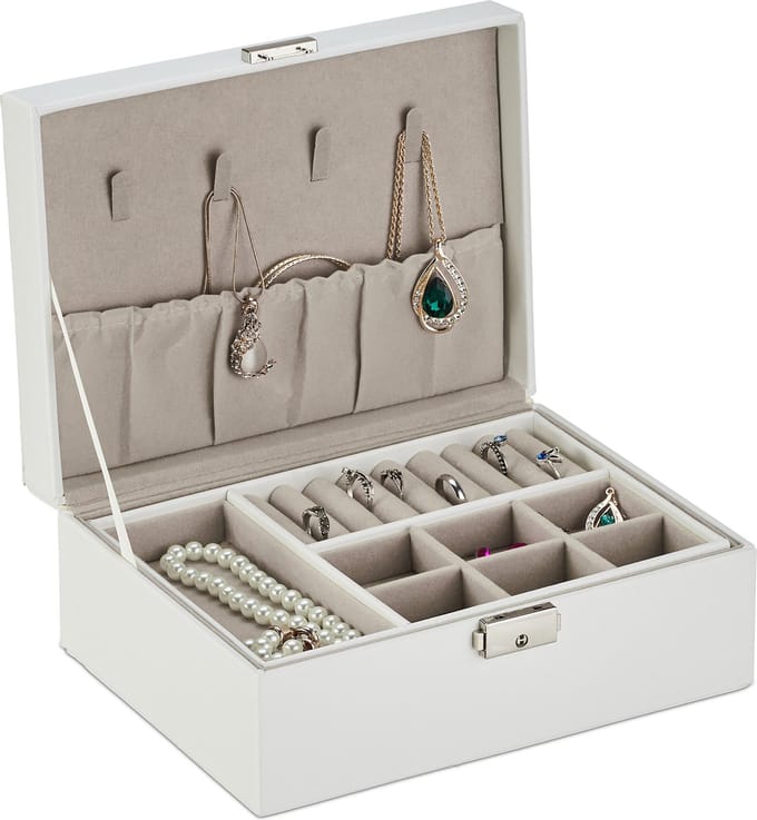 juwelendoos met slot - ringhouder - 9,5 x 23 x 17,5 cm - wit