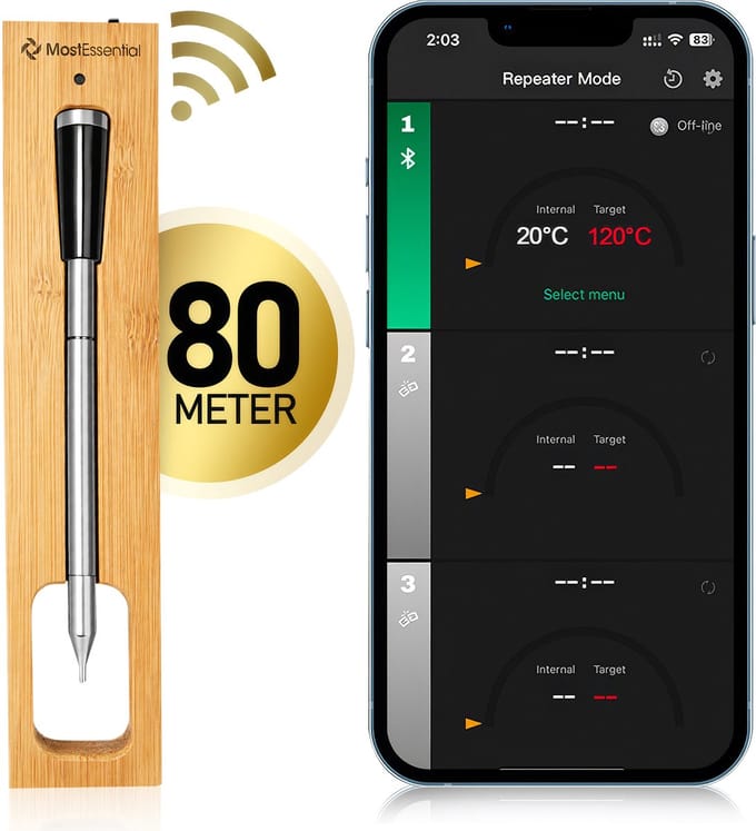 MostEssential Smart Vleesthermometer - Draadloos - 80M Bereik - 36 Uur Werktijd - Bluetooth 5.2 - 1000mAh Batterij - Single Probe Edition