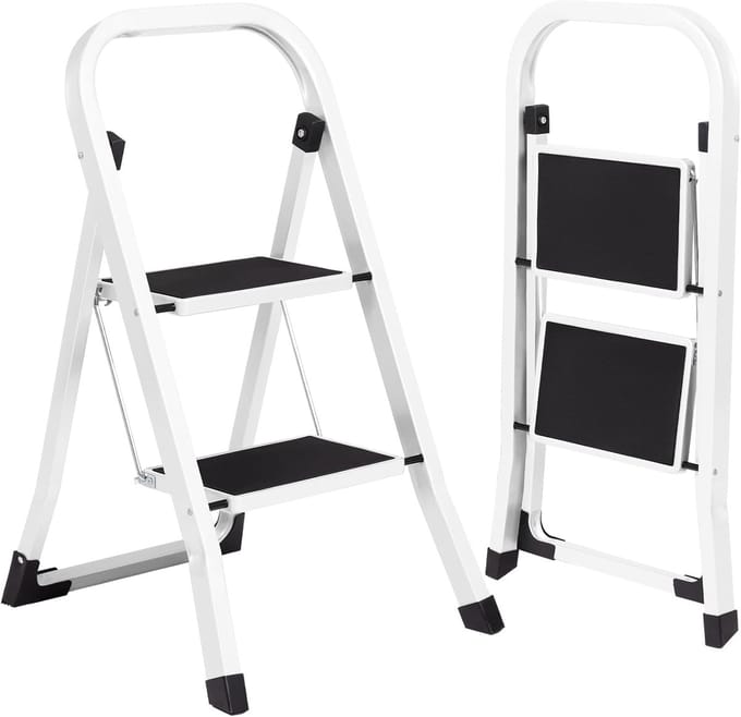 Famanu - Trapladder met 2 treden, brede antislip pedalen, klapbeveiliging, wit