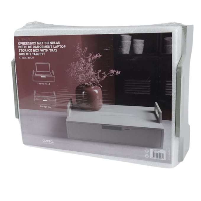Gusta laptoptafel hout groengrijs 41 cm met lade en handvaten.