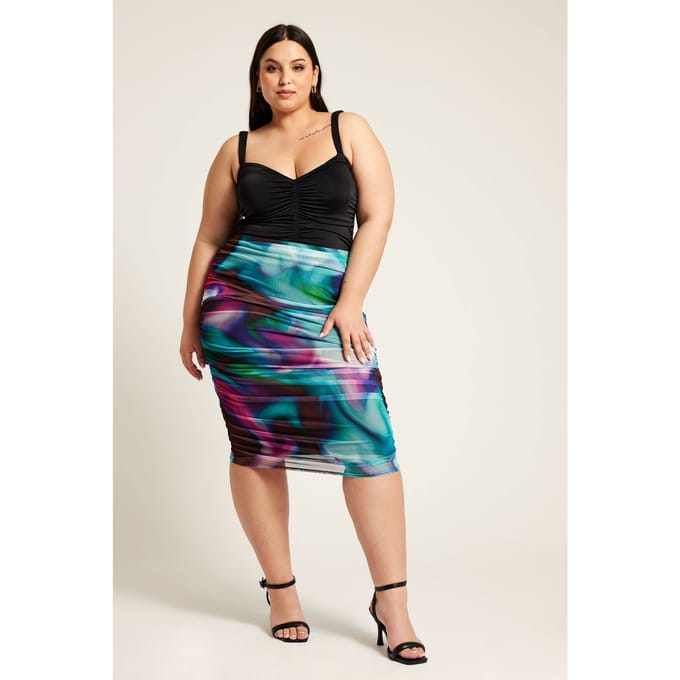 Yours London Midirok Van Mesh Met Abstracte Print In Blauw/Roze Size 46