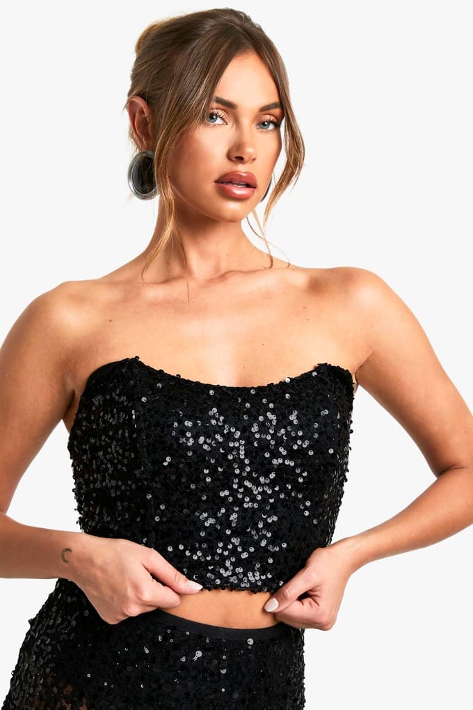 boohoo Dames Pailletten strapless longline korset | Black | Maat: 14