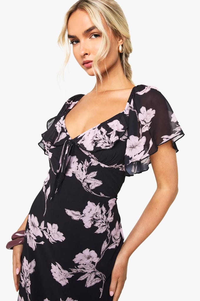 boohoo Dames Bloemenchiffon Plunge Maxi-jurk | Zwart | Maat: 36