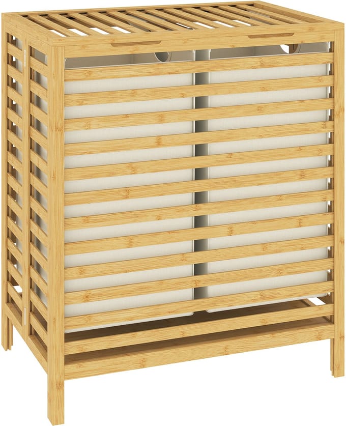 HOMCOM Wasmand-Bamboe, Polyester-55L x 36B x 64,2H cm-Natuurlijk hout + Crèmewit