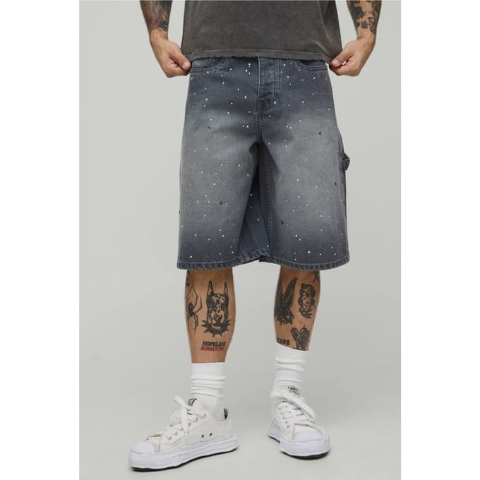 All Over Rhinestone Overdye Denim Jorts | Grey | Size 46