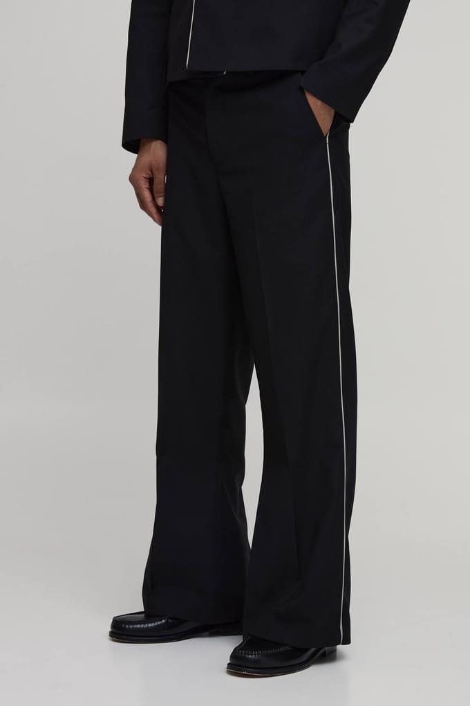 Getailleerde Pakbroek Met Contrasterende Bies En Wijde Pijpen | Black | Size 36