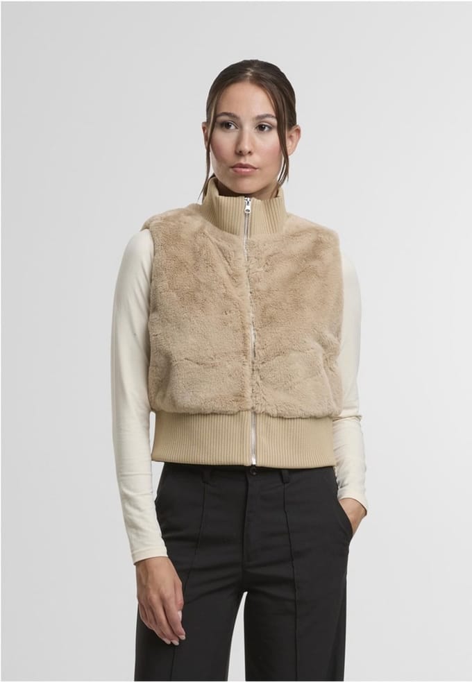 Urban Classics - Cropped Faux Fur Mouwloos jacket - S - Beige