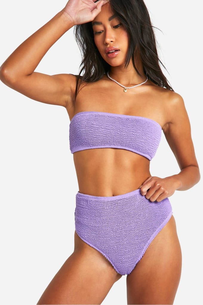 boohoo Dames Premium Crinkle Bikini Slip met Hoge Taille | Lila | Maat: 34