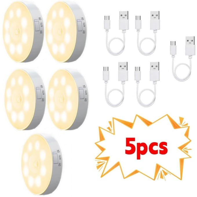 2/3/4/5 stuks Bewegingssensor LED Nachtlampje USB Oplaadbaar Nachtlampje voor Keukenkast Kledingkastlamp Trappenhuis Draadloos Kastlampje Warm light-5PCS