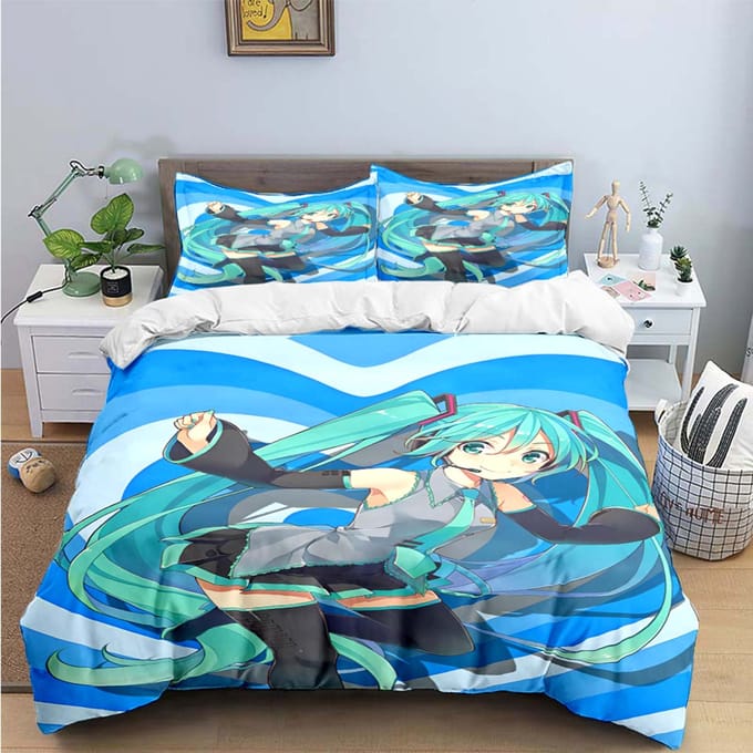 Dessin Animé Kawaii Chanteuse Virtuelle H-Hatsune-Miku Parures de Lit Ensemble de Linge de Lit Housse de Couette Ensemble Couette de Lit Ensemble de Linge de Lit Cadeau AU Single(140*210cm)3pcs